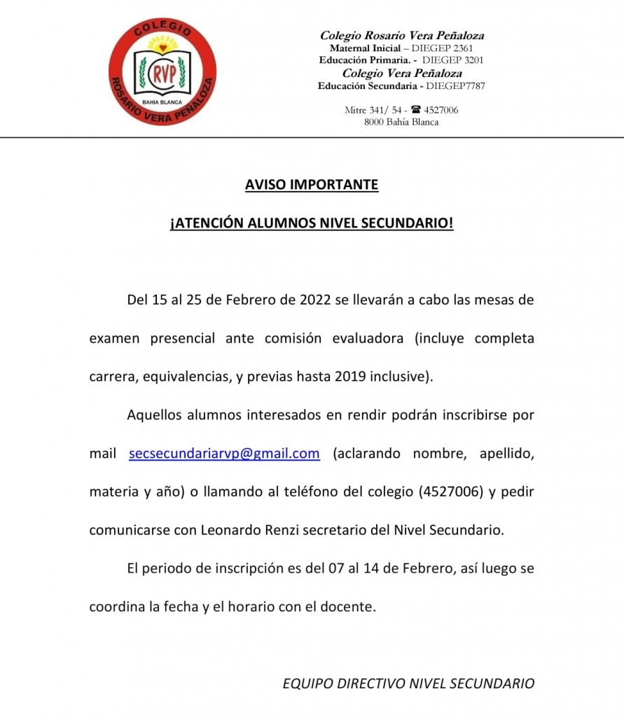 Mesas de examen del Nivel Secundario